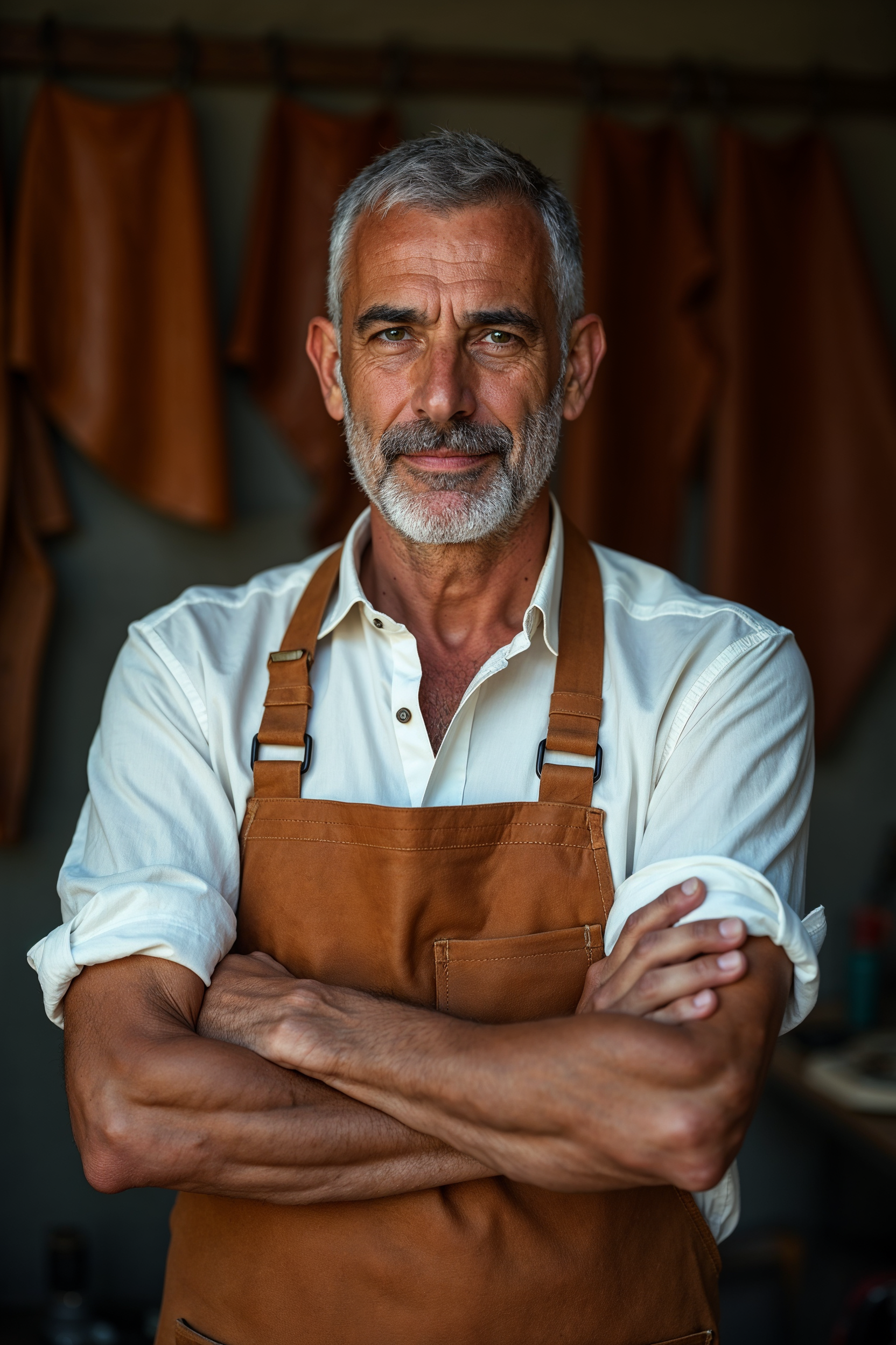 Atölyesinde kollarını kavuşturmuş gururlu duruşta baş zanaatkar Ahmet Yıldız