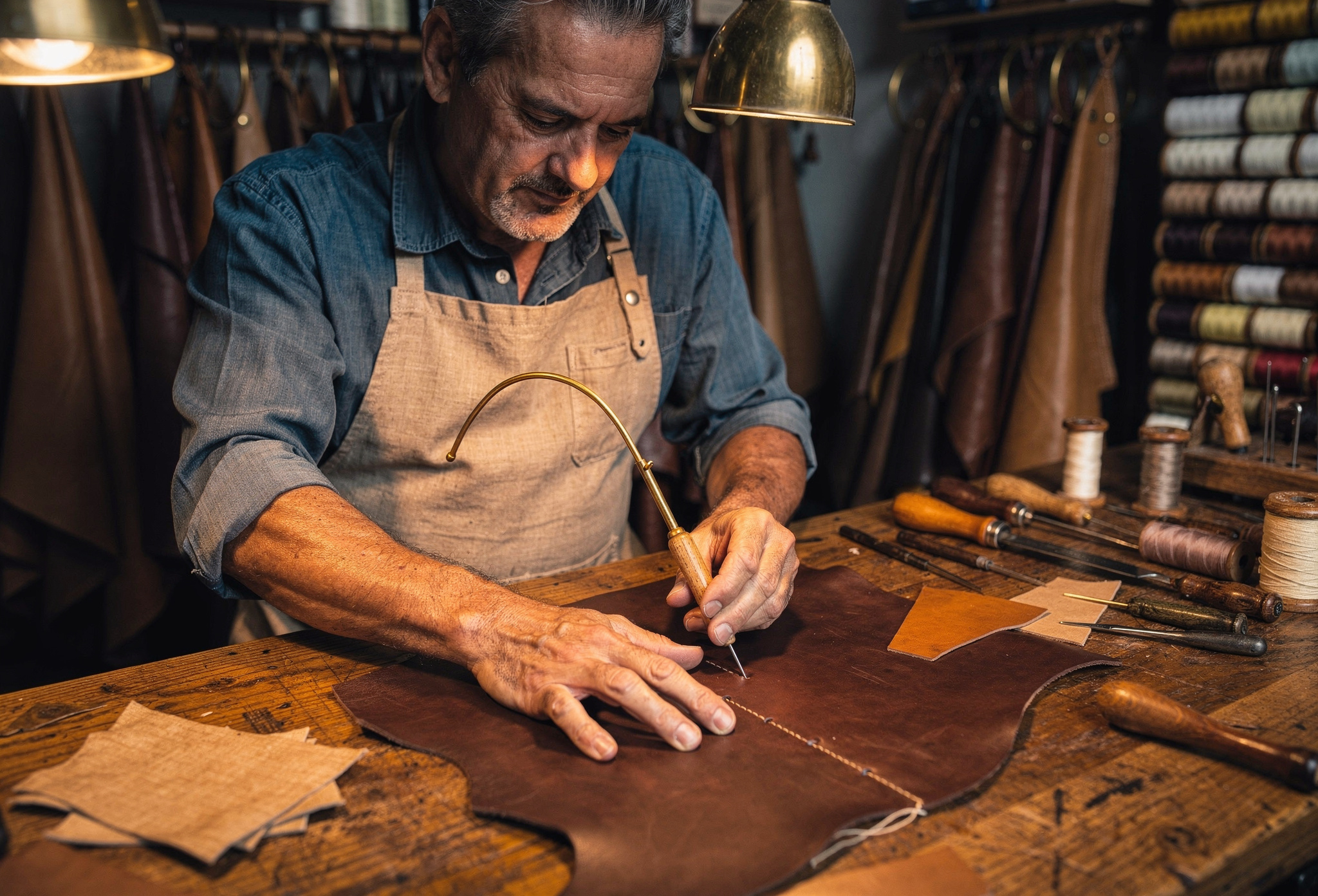 İstanbul atölyesinde chestnut deri üzerine el dikişi yapan usta zanaatkar