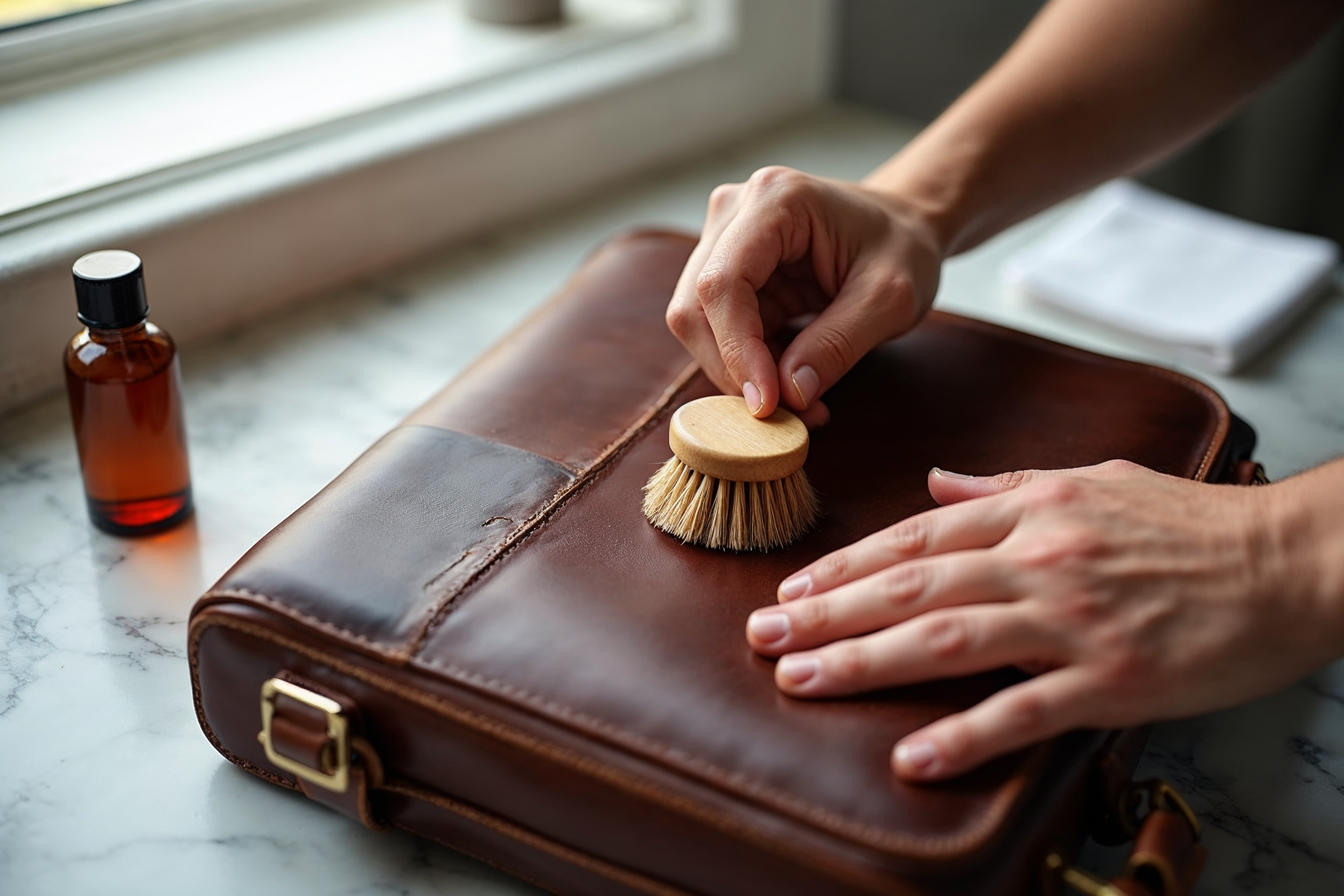 Deri çantaya yuvarlak fırçayla bakım yağı süren iki el mermer tezgah üzerinde