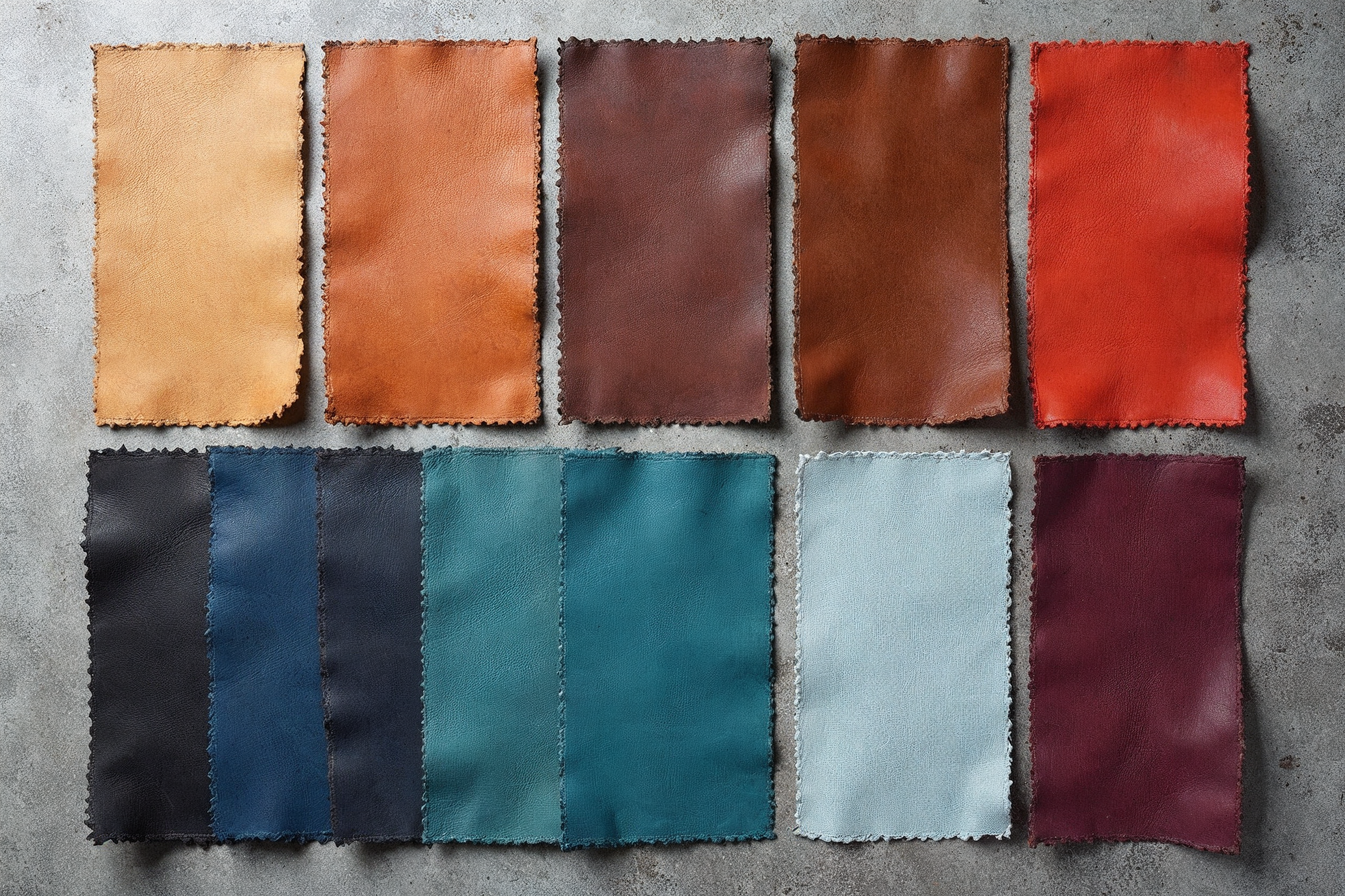 On adet full-grain deri numunesi çeşitli renkler ve dokular