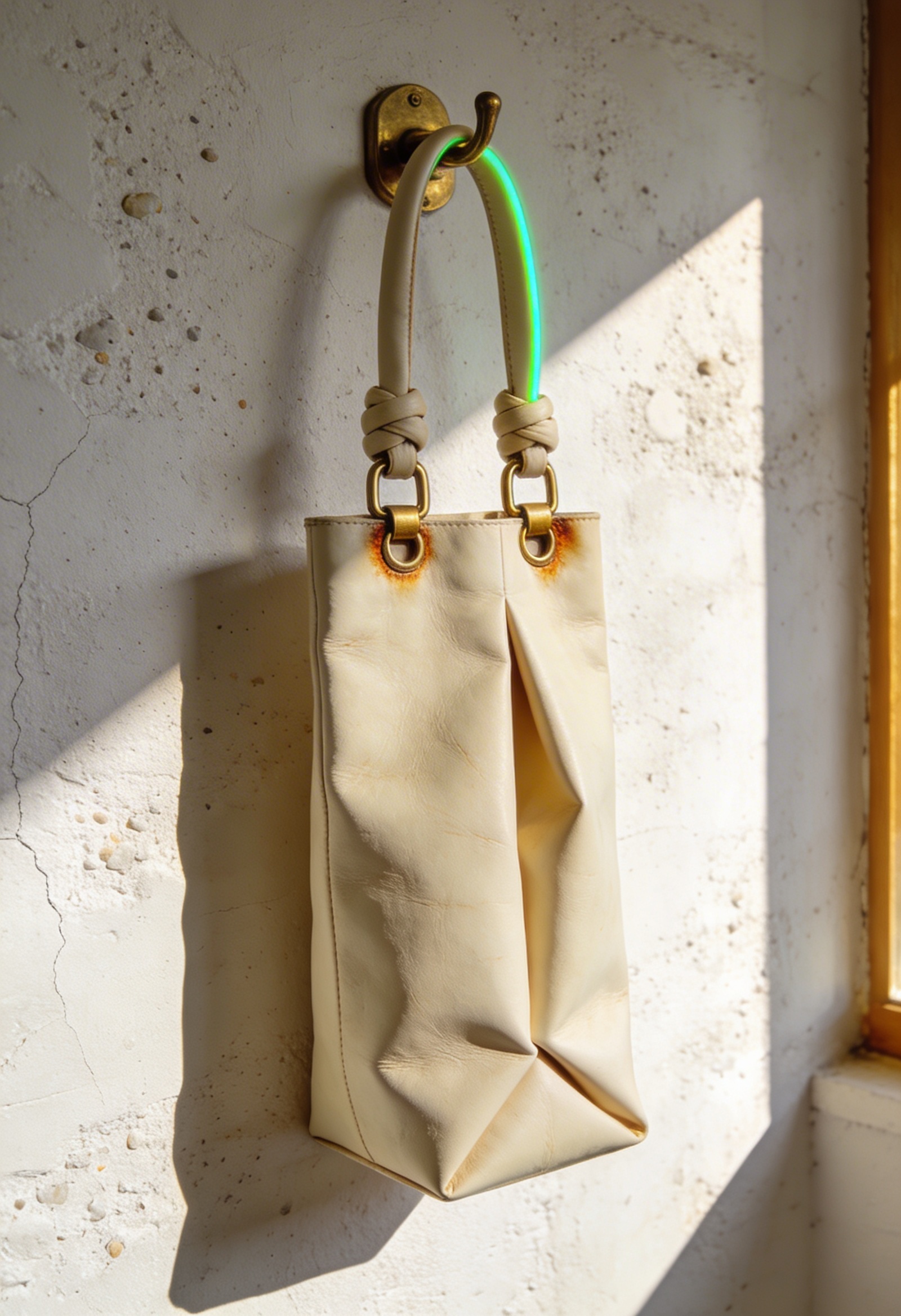 Naturel krem deri tote çanta duvara asılı dikey çekim