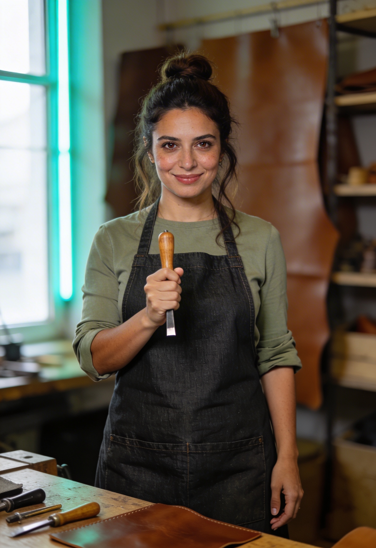 Atölyede deri alet tutan zarif kadın boyama ustası Elif Kaya dikey portresi