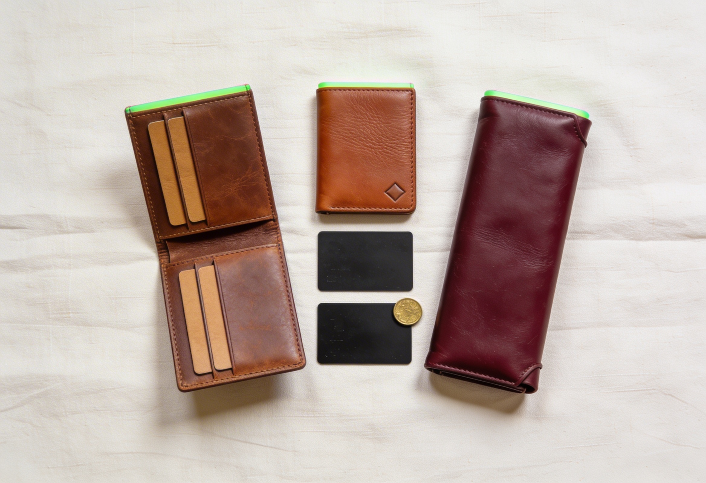 Essentials koleksiyonu uc adet ince deri cuzdan fan duzeninde