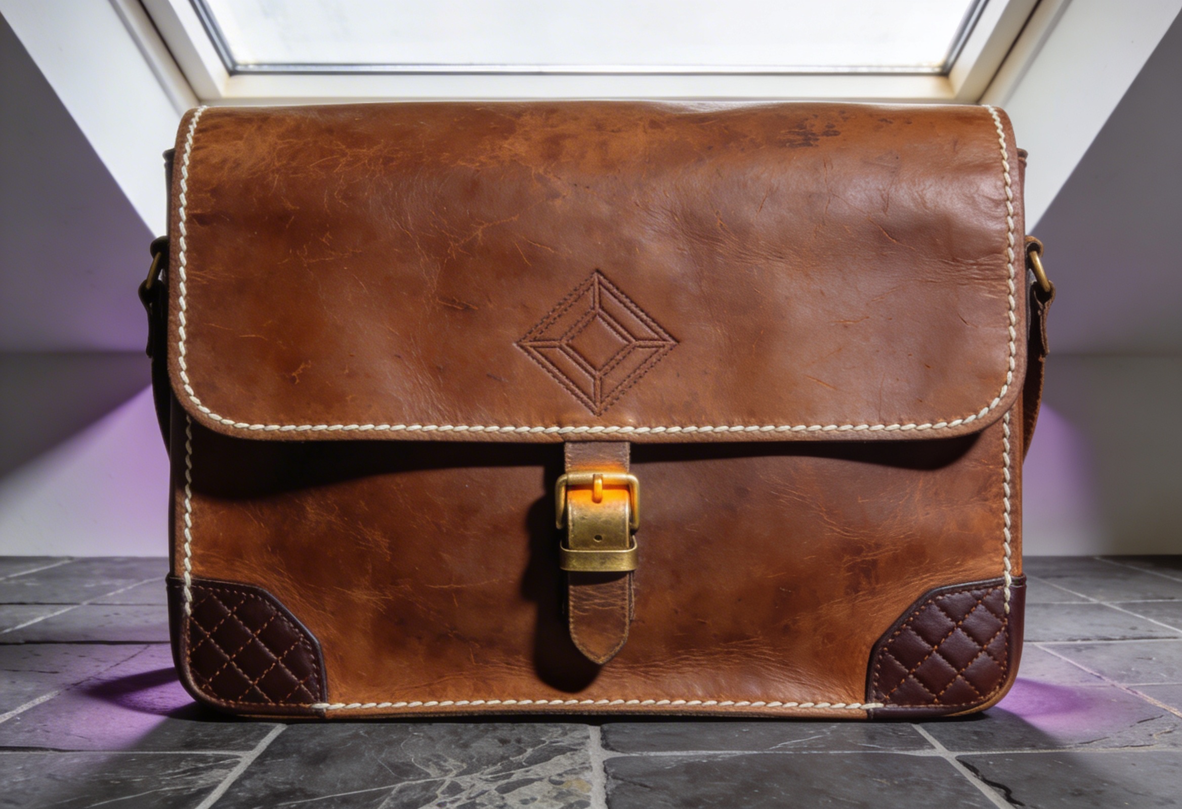 Russet deri messenger çanta koyu arduvaz taş üzerinde üstten çekim