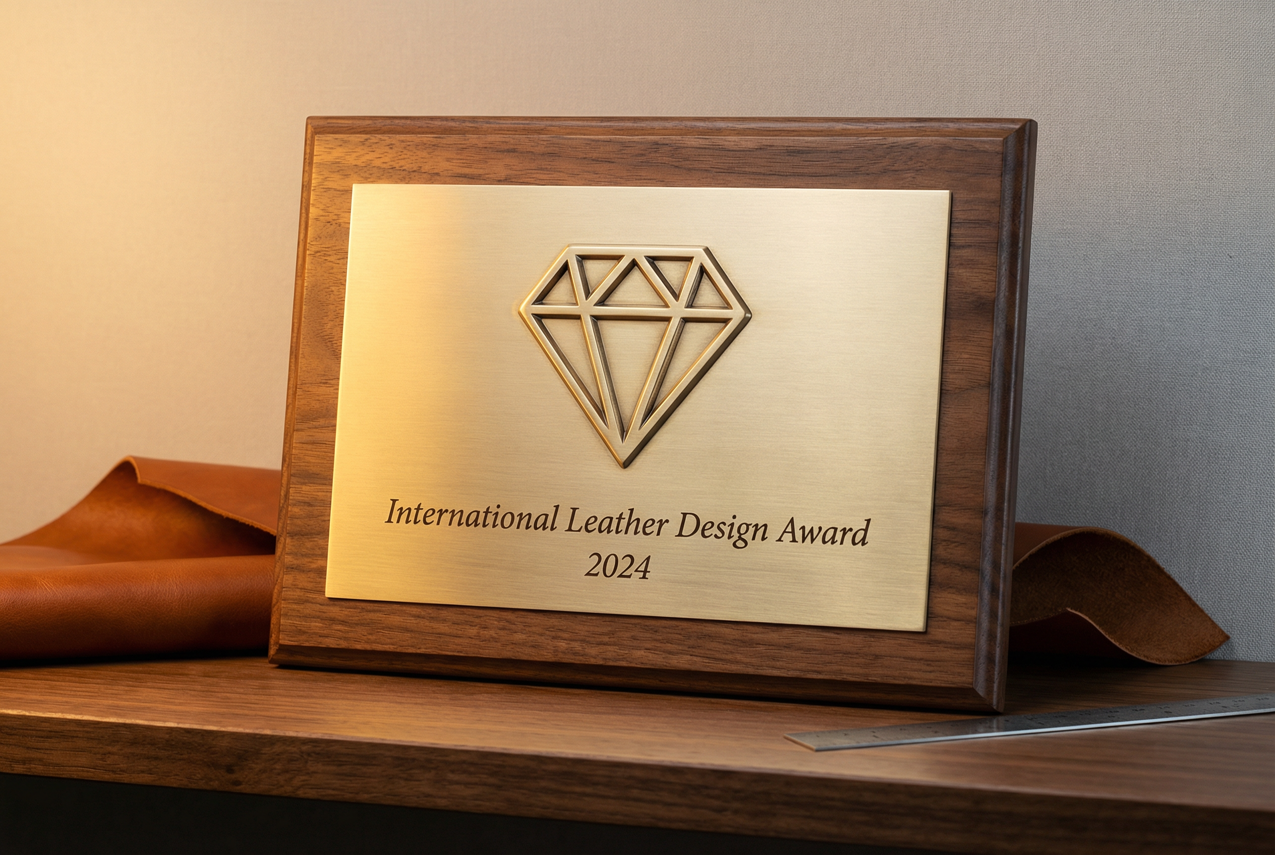 Ceviz çerçeveli pirinç plaket üzerinde uluslararası deri tasarım ödülü